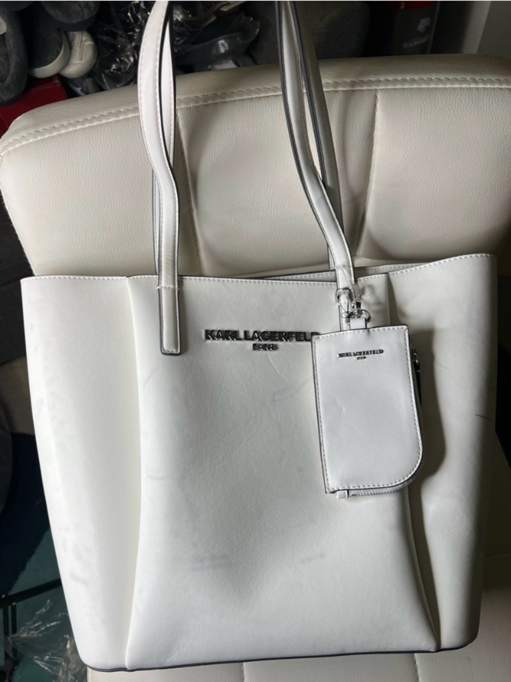 Karl Lagerfeld White Leather Tote with Removable Pouch